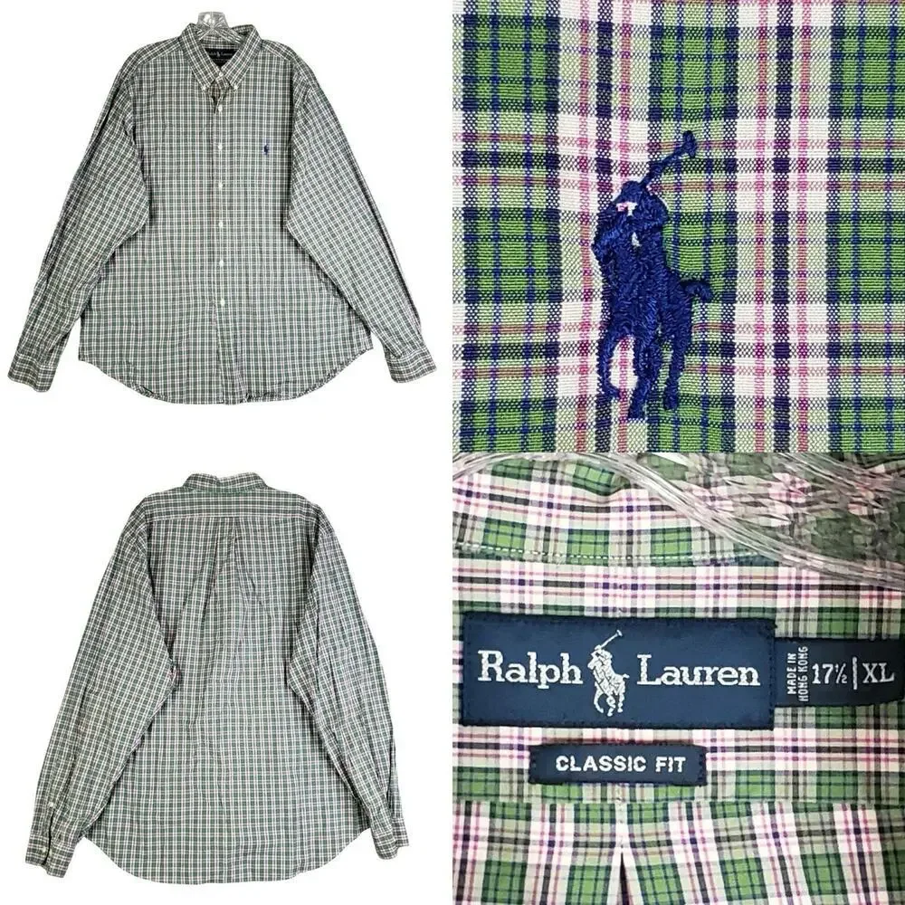 Polo Ralph Lauren Oxford Shirt Button Down LS Green Plaid Mens Size 17.5 XL
